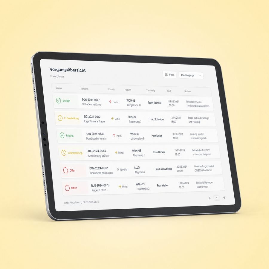 Digitale Vorgangsübersicht auf einem Tablet